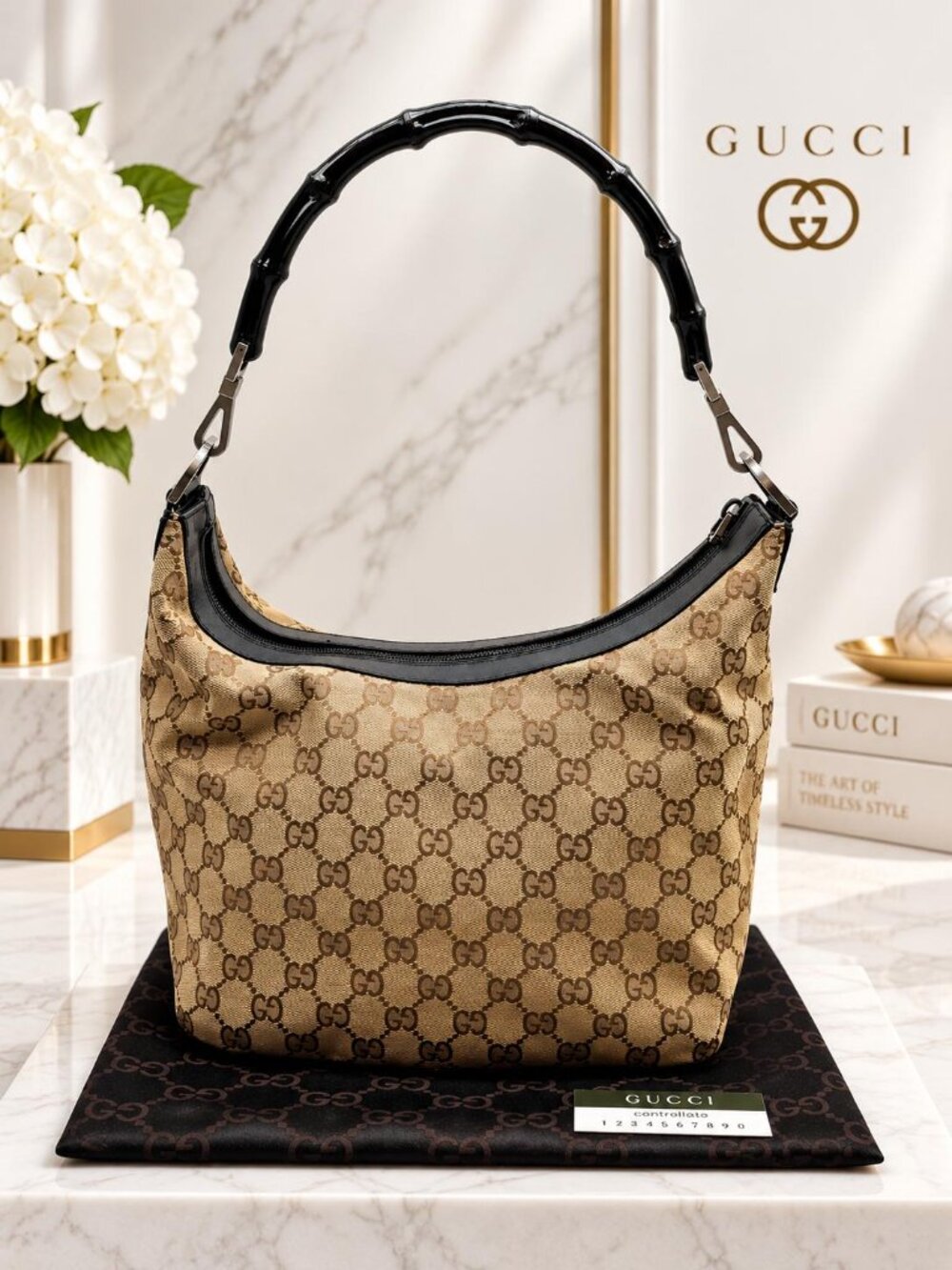Authentic Gucci Vintage GG Canvas Bamboo Handle Hobo Shoulder Bag